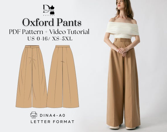 Oxford Pants Sewing Pattern: High-Waisted Wide Leg Trousers (PDF Pattern, XS-5XL)