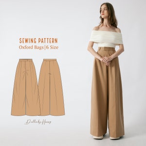 PDF Digital Sewing Pattern | Oxford Bags | Wide Leg Pleated Pants | Ultra High Waisted | 6 Size XS-2XL