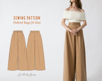 PDF Digital Sewing Pattern | Oxford Bags | Wide Leg Pleated Pants | Ultra High Waisted | 6 Size XS-2XL