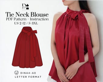 Bluzka z wiązaniem na szyi XS-3XL, elegancka bluzka z kokardą, bluzka biurowa z jedwabiu – wzór do szycia w formacie PDF