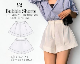 Patrón de costura en PDF para shorts tipo burbuja / Tallas XS–5XL / Shorts plisados de talle alto para mujer