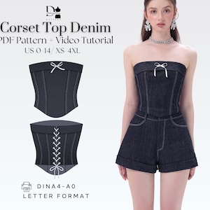 Denim Bustier Corset Top XS-4XL, Strapless Fitted Top, PDF Sewing Pattern