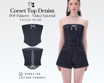 Denim bustier korsettop XS-4XL, strapless aansluitende top, pdf-naaipatroon