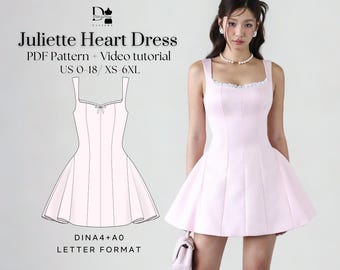 Juliette Sweetheart Mini Dress XS-6XL, Heart Neckline Fit & Flare PDF Sewing Pattern