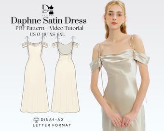 Vestido lencero de satén con cuello drapeado Daphne (XS-6XL), elegante vestido de dama de honor para graduación. Patrón en PDF.