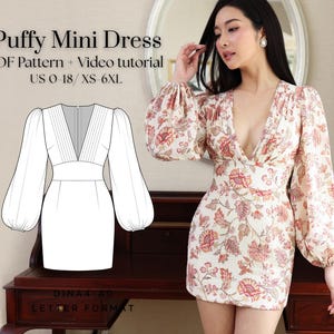 May include: A woman wearing a floral print mini dress with long, puffy sleeves and a plunging neckline. The dress has a white background with red and brown floral patterns. The image also shows a dress pattern and the text "Puffy Mini Dress".