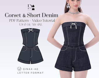 Set Corset Top & High-Waisted Short Denim  PDF Sewing Pattern | XS–4XL (US 0–14) | With Video Tutorial