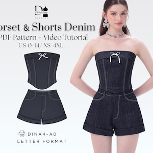 Denim Corset Set XS-4XL, Strapless Top & High Waist Shorts, Y2K Outfit PDF Sewing Pattern