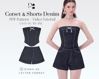 Denim Corset Set XS-4XL, Strapless Top & High Waist Shorts, Y2K Outfit PDF Sewing Pattern