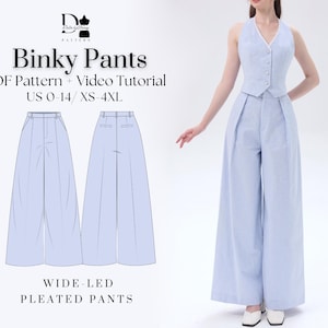 May include: A digital sewing pattern for wide-legged pleated pants. The pattern includes a PDF download and a video tutorial. The pattern is available in sizes US 0-14 / XS-4XL.