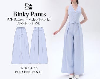 Puede incluir: Un patrón de costura digital para pantalones plisados ​​de pierna ancha. El patrón incluye una descarga PDF y un tutorial en video. El patrón está disponible en las tallas ES 34-48 / XS-4XL.