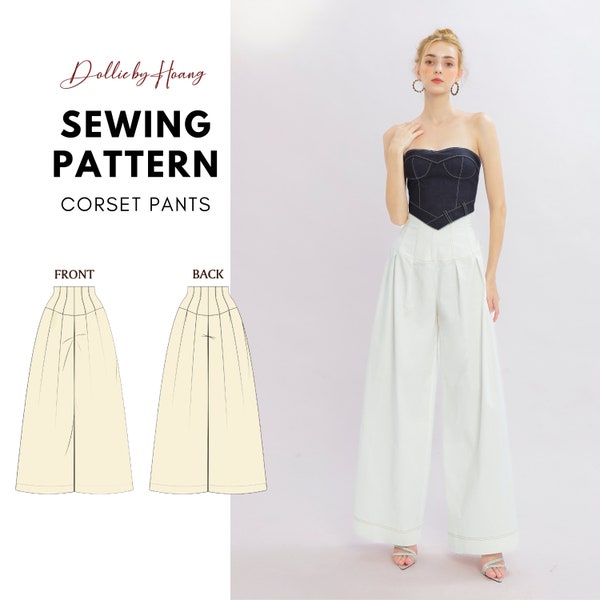 PDF Digital Sewing Pattern | Corset Pants | Pintuck Wide Leg Pants | Ultra High Waisted | 6 Size XS-2XL