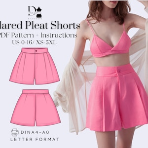Flared Pleated Shorts Sewing Pattern | High-Waisted PDF Shorts Pattern with Pockets | Women’s Digital Sewing Pattern XS–5XL