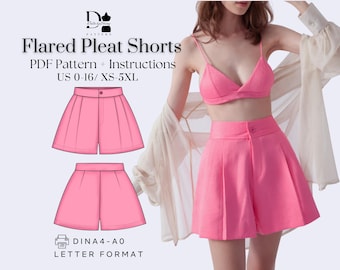 Flared Pleated Shorts Sewing Pattern | High-Waisted PDF Shorts Pattern with Pockets | Women’s Digital Sewing Pattern XS–5XL
