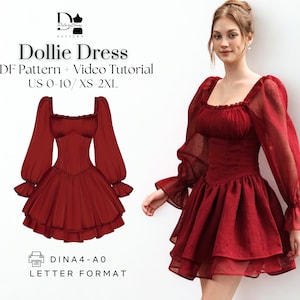 Dollie-jurk XS-2XL, mini prinsessenkorset, pofmouw Cottagecore Fairy pdf-naaipatroon