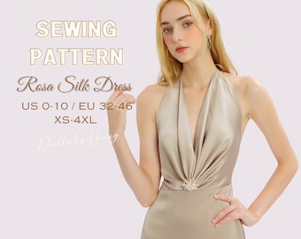 Rosa Silk Cowl Neck Slip Dress XS-4XL, Draped Neck Satin Dress, Prom Dress PDF Sewing Pattern, Maxi Slip Dress, Instant Download