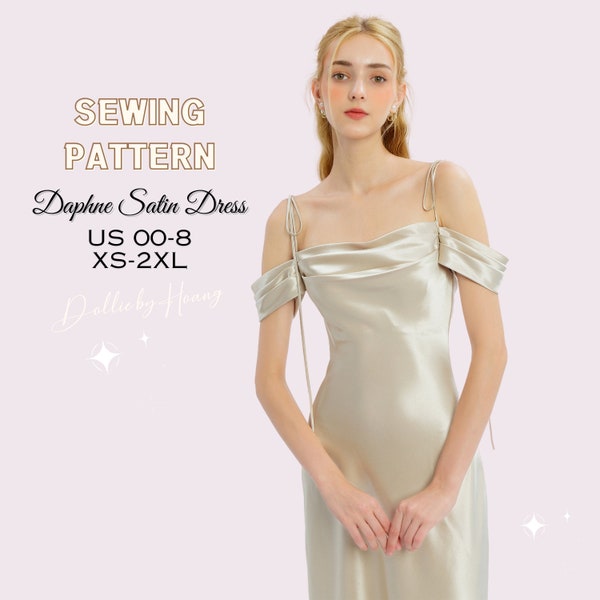 Daphne satijnen col-slipdress met off-shoulder, backless slipdress, galajurk PDF naaipatroon, bruidsmeisjesjurk, satijnen midi-jurk