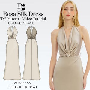 Rosa Silk Halter Cowl Neck Maxi Dress XS-4XL , Elegant Evening Bridesmaid Gown PDF Pattern