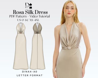 Vestido largo rosa de seda con cuello halter y drapeado, tallas XS-4XL, elegante vestido de noche para damas de honor (patrón en PDF).