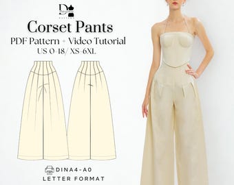 Patrón de costura para pantalones de talle alto con corsé: pantalones de pierna ancha (XS-6XL) (patrón en PDF)