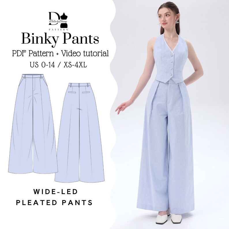 Binky Wide Leg Pleated Pants PDF Sewing Pattern Size Xs4xl Eu 3246 Us