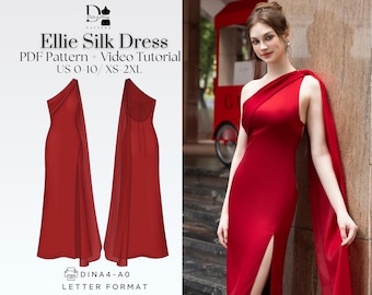 Ellie Silk Dress | One-Shoulder Scarf Dress XS-2XL PDF Digital Sewing Pattern The Perfect Holiday Dress