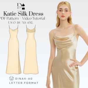 Peut inclure: Une femme porte une robe en soie couleur champagne avec des bretelles spaghetti et un col bénitier. L'image montre également un dessin au trait de la robe et comprend le texte "Katie Silk Dress" et "PDF Pattern + Video Tutorial".