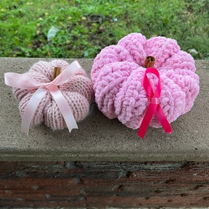 Op de afbeelding: Twee handgemaakte roze pompoenen. De kleinere pompoen is lichtroze gebreid met een roze lint en een kaneelstokje als steel. De grotere pompoen is een pluizig, getextureerd roze met een roze lint en een kaneelstokje als steel.
