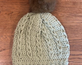 Braided Crochet Beanie with Pom – Cozy Handmade Winter Hat | Boho Puff Ball Hat