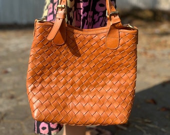 Bolso de cubo de cuero tejido, bolso cruzado de cuero genuino