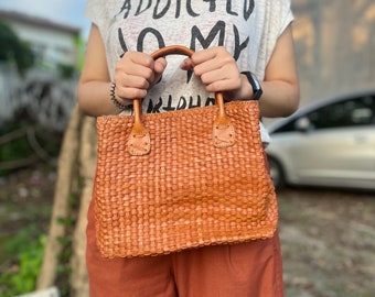 Sac à main tressé en cuir, Sac bandoulière en cuir tressé fait main, Poignée supérieure