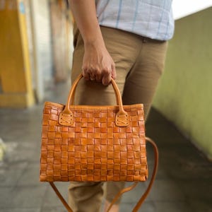 Leather Crossbody Handbag, Genuine Woven Leather, Women’s Large Soft Purse, Adjustable Strap