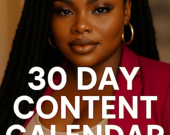 Puede incluir: Una mujer con cabello oscuro y aros dorados lleva una blazer roja. La imagen tiene el texto "30 DAY CONTENT CALENDAR FOR SOCIAL MEDIA CREATORS."