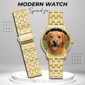 May include: Gold-toned watch with a photo of a Golden Retriever dog on the face. The watch has a matching gold band and is displayed with a separate watch band. The text "MODERN WATCH" and "Special for" are visible.