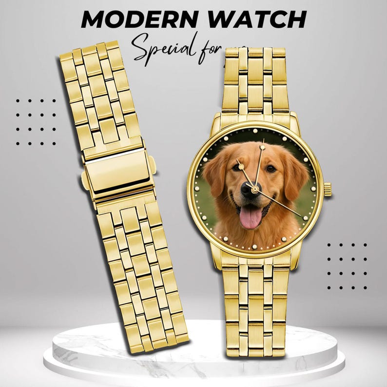 May include: Gold-toned watch with a photo of a Golden Retriever dog on the face. The watch has a matching gold band and is displayed with a separate watch band. The text "MODERN WATCH" and "Special for" are visible.