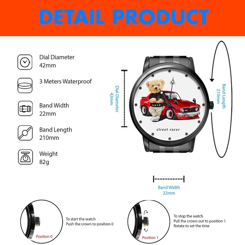 May include: Black wristwatch with a white face featuring a teddy bear driving a red car. The watch has a 42mm dial, is 3 meters waterproof, and has a 22mm band width and 210mm band length. The watch weighs 82g.