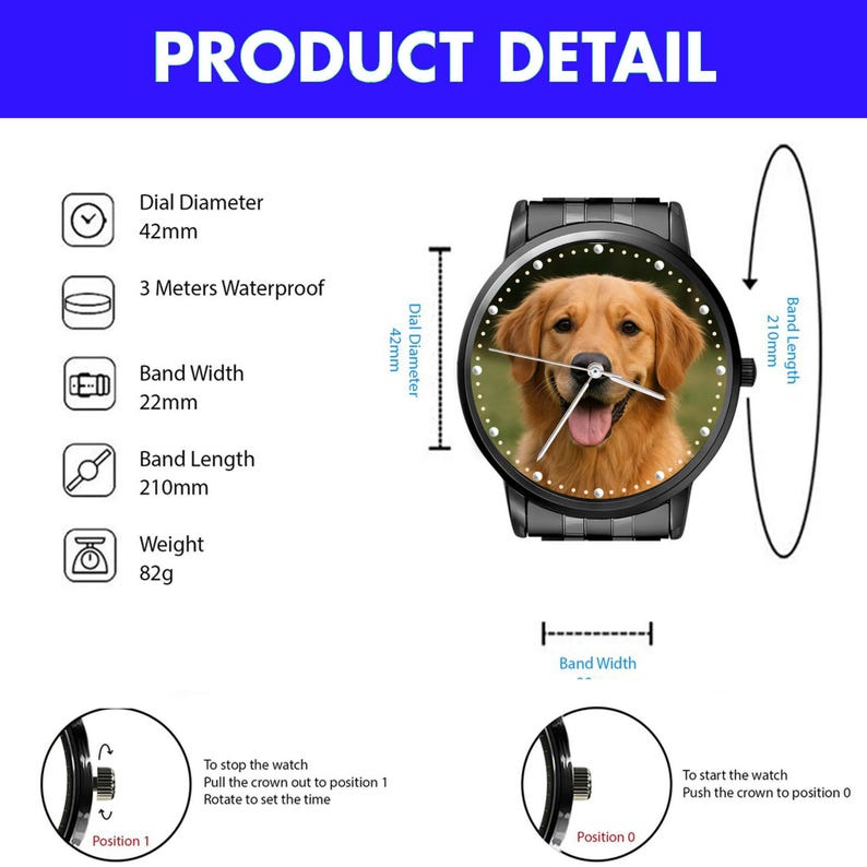 May include: Black wristwatch featuring a golden retriever's face on the watch face. The watch has a 42mm dial diameter, 22mm band width, and 210mm band length. The watch is 3 meters waterproof and weighs 82g. The image includes the text "PRODUCT DETAIL".