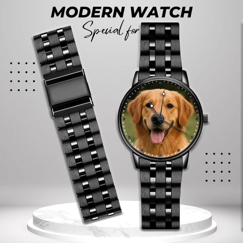 May include: A black modern watch with a metal band and a watch face featuring a golden retriever dog. The watch is displayed with a detached band on a white surface. The text "MODERN WATCH" and "Special for" are at the top.