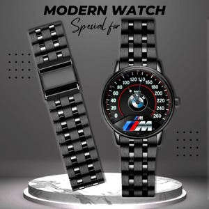 May include: A black modern watch with a matching band, and an additional band to the left. The watch face features a speedometer design with the BMW logo. The text "MODERN WATCH" and "Special for" are at the top.