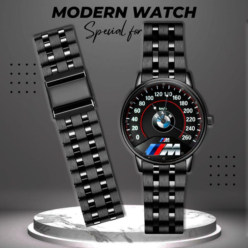 May include: A black modern watch with a matching band, and an additional band to the left. The watch face features a speedometer design with the BMW logo. The text "MODERN WATCH" and "Special for" are at the top.