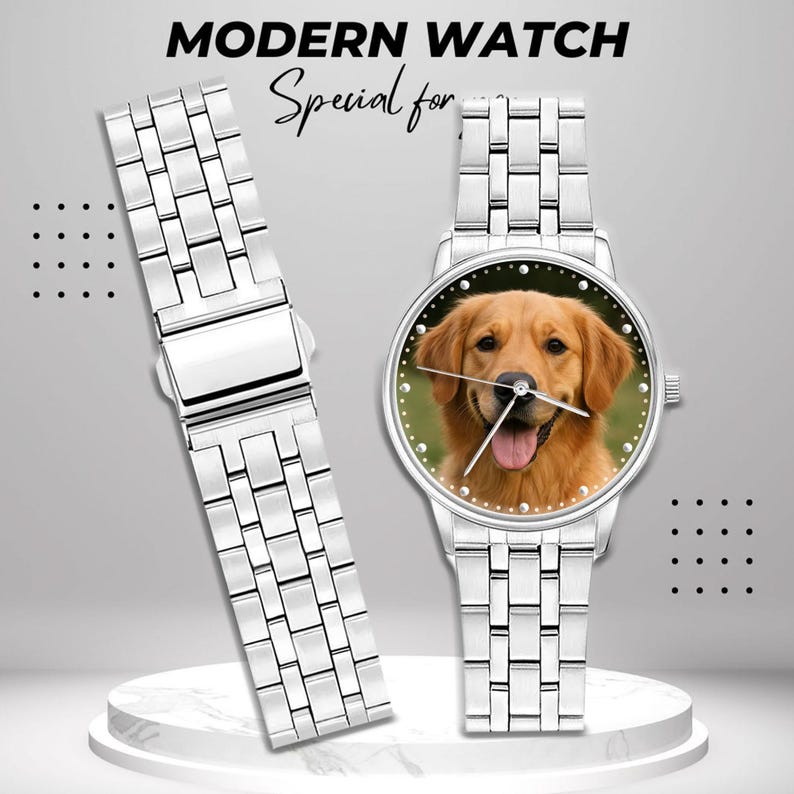 May include: A silver-toned wristwatch with a stainless steel band and a watch face featuring a golden retriever. The watch face is surrounded by small, silver-colored dots. The text "MODERN WATCH" and "Special for" are at the top.