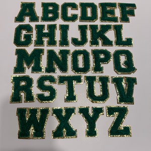 2&quot; Chenille Letter Patch: Green with Gold Glitter Border