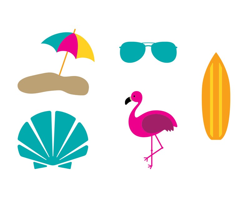 Op de afbeelding: Een set zomerse illustraties, waaronder een roze flamingo, een turquoise schelp, een gele en blauwe parasol, een bruine zandduin, een blauwe zonnebril en een geel surfplank.