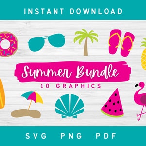 Op de afbeelding: Een set van 10 zomerthema-afbeeldingen, waaronder een surfplank, een zonnebril, een ananas, een watermeloenpunt, een schelp, een flamingo, een donut, slippers, een palmboom en een paraplu. De afbeeldingen zijn in een heldere, kleurrijke stijl en zijn perfect voor gebruik in digitale projecten of gedrukte materialen.  "Summer Bundle" en "10 Graphics" zijn in roze op een roze achtergrond geschreven.