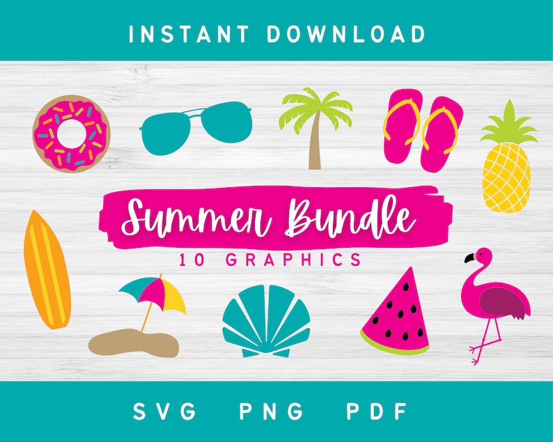 Op de afbeelding: Een set van 10 zomerthema-afbeeldingen, waaronder een surfplank, een zonnebril, een ananas, een watermeloenpunt, een schelp, een flamingo, een donut, slippers, een palmboom en een paraplu. De afbeeldingen zijn in een heldere, kleurrijke stijl en zijn perfect voor gebruik in digitale projecten of gedrukte materialen.  "Summer Bundle" en "10 Graphics" zijn in roze op een roze achtergrond geschreven.