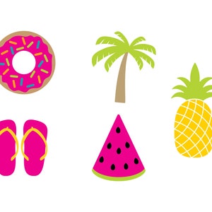 Op de afbeelding: Een set zomerse illustraties, waaronder een roze donut met kleurrijke sprinkels, een groene palmboom, een gele ananas, een paar roze slippers en een roze watermeloenplak.