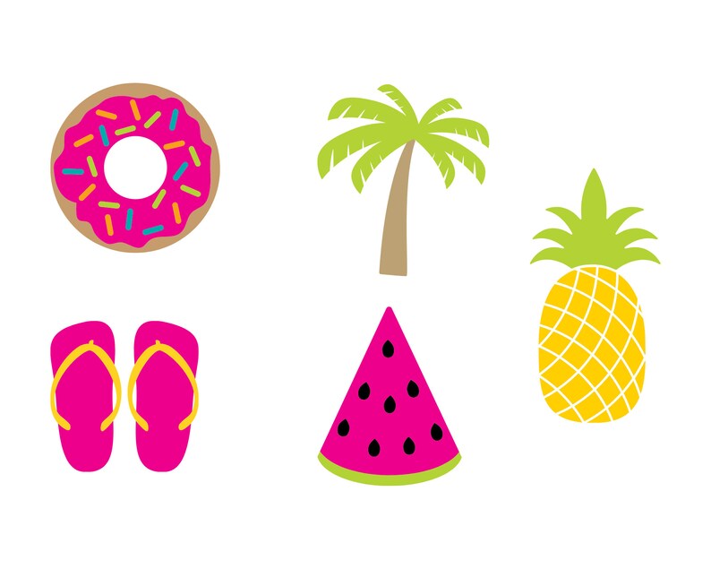 Op de afbeelding: Een set zomerse illustraties, waaronder een roze donut met kleurrijke sprinkels, een groene palmboom, een gele ananas, een paar roze slippers en een roze watermeloenplak.