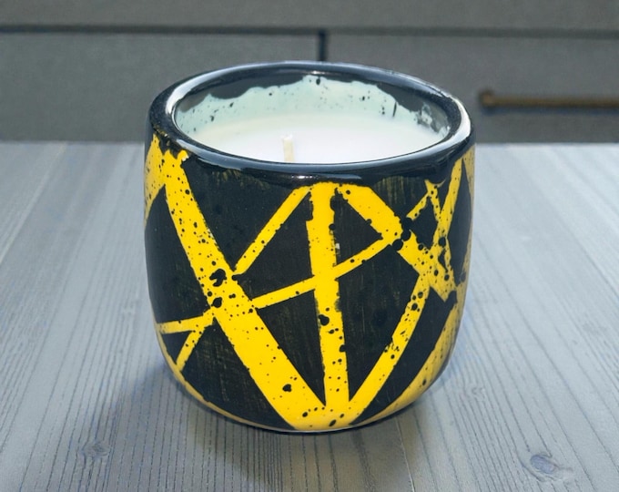 Featured listing image: Rock-Inspired Soy Candle | Reusable Black & Yellow Ceramic Stoneware Holder