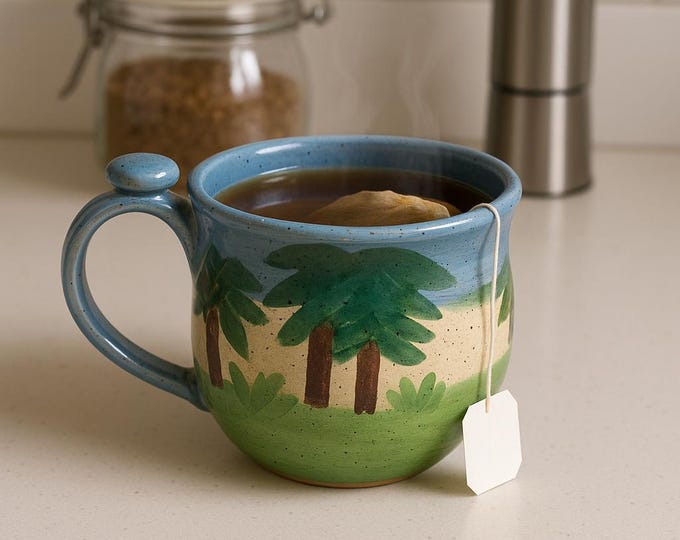 Featured listing image: Handmade Ceramic Mug | Painted Forest Scene with Carved Bear | Blue Sky & Speckled Glaze | Wheel-Thrown 12 oz Stoneware Cup