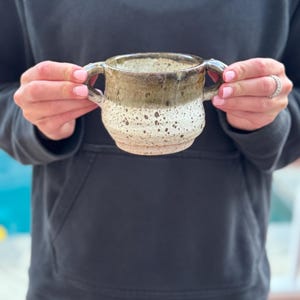 Handmade Ceramic Handled Vessel | Speckled Stoneware with Olive Drip Glaze | Wheel-Thrown Pottery | 4x3.5” | Soup, Ice Cream, Decor